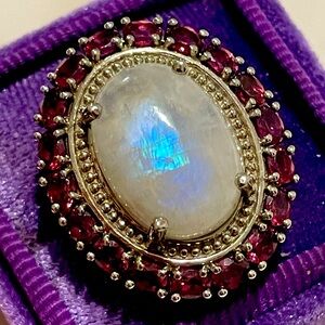 925 Kuisa Rainbow Moonstone & Orissa Rhodolite Garnet Halo Ring Sz8 EUC